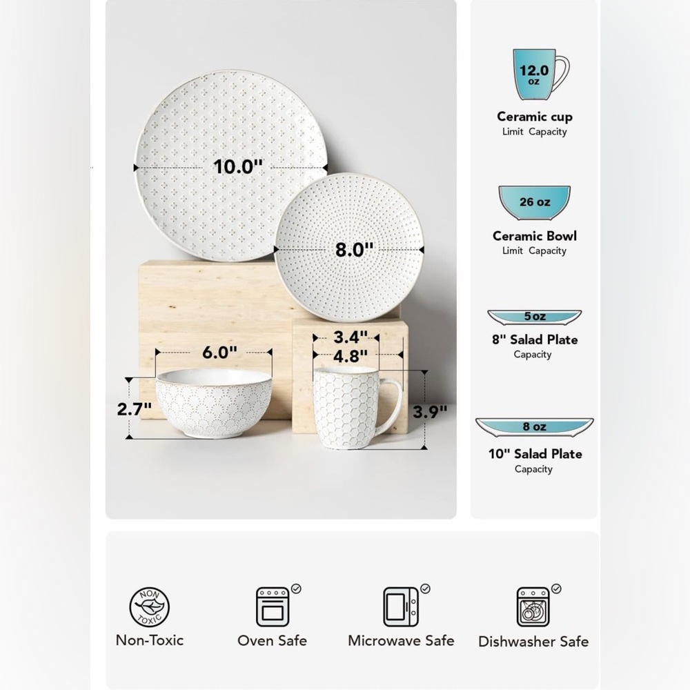 LE TAUCI 16 Piece Dinnerware Set Arctic White 
Stoneware Plates Bowls Mugs for 4 - Picture 6 of 10